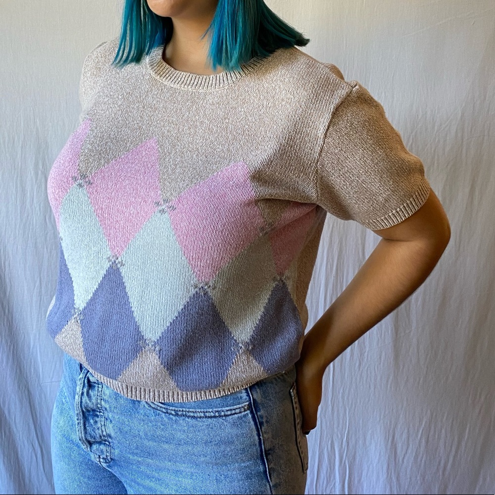 Liz Claiborne Cream Sweater with Pink & Purple Argyle Pattern L
